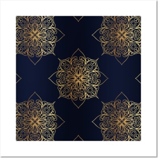 Navy & Gold Damask Pattern Posters and Art